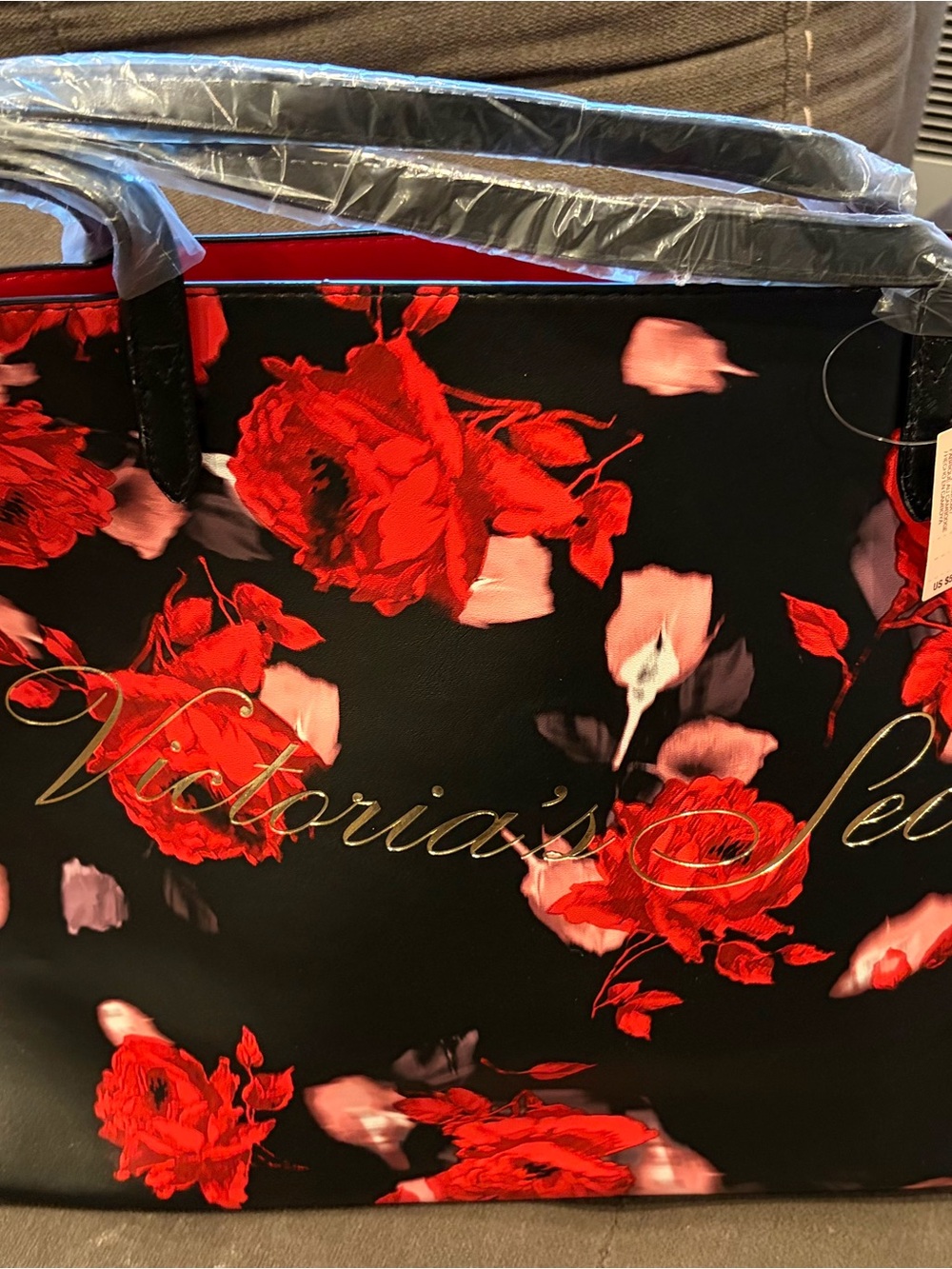 Victoria's Secret Black Tote with Red & Pink Rose Print